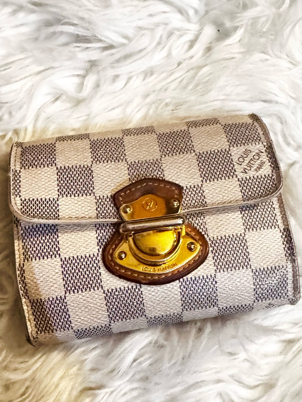 Louis Vuitton Beige Checkered Small Wallet with Gold Hardware